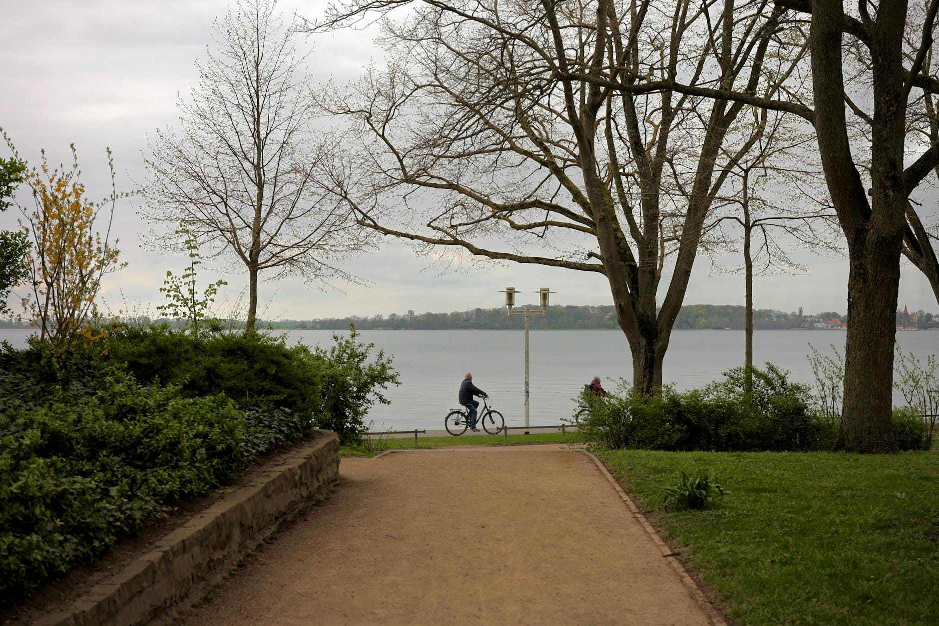 Rowerzysta nad wodą w parku w pochmurny dzień